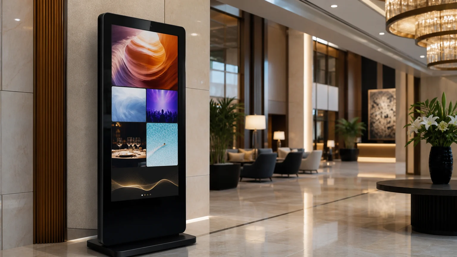 Freestanding PCAP Touch Screen Posters digital signage display in a commercial setting