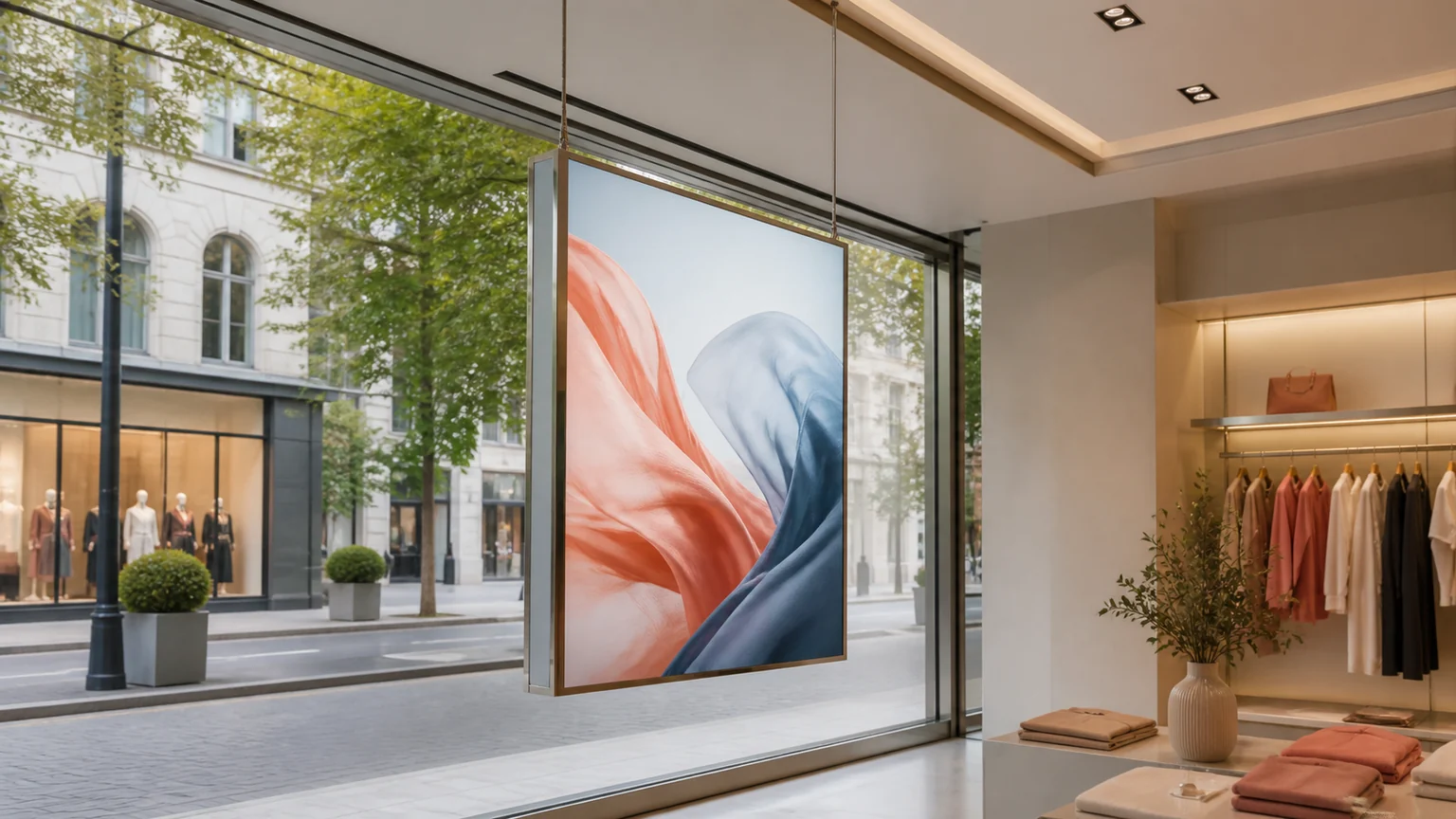 Hanging Double-Sided Window Displays digital signage display in a commercial setting