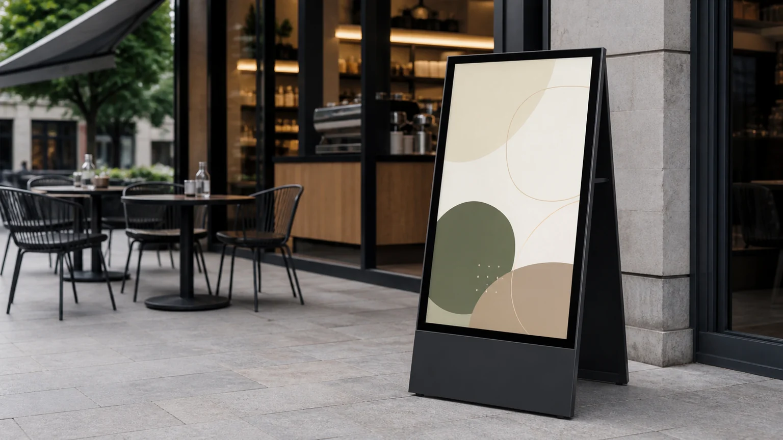 Outdoor Digital Android Battery A-Boards digital signage display in a commercial setting
