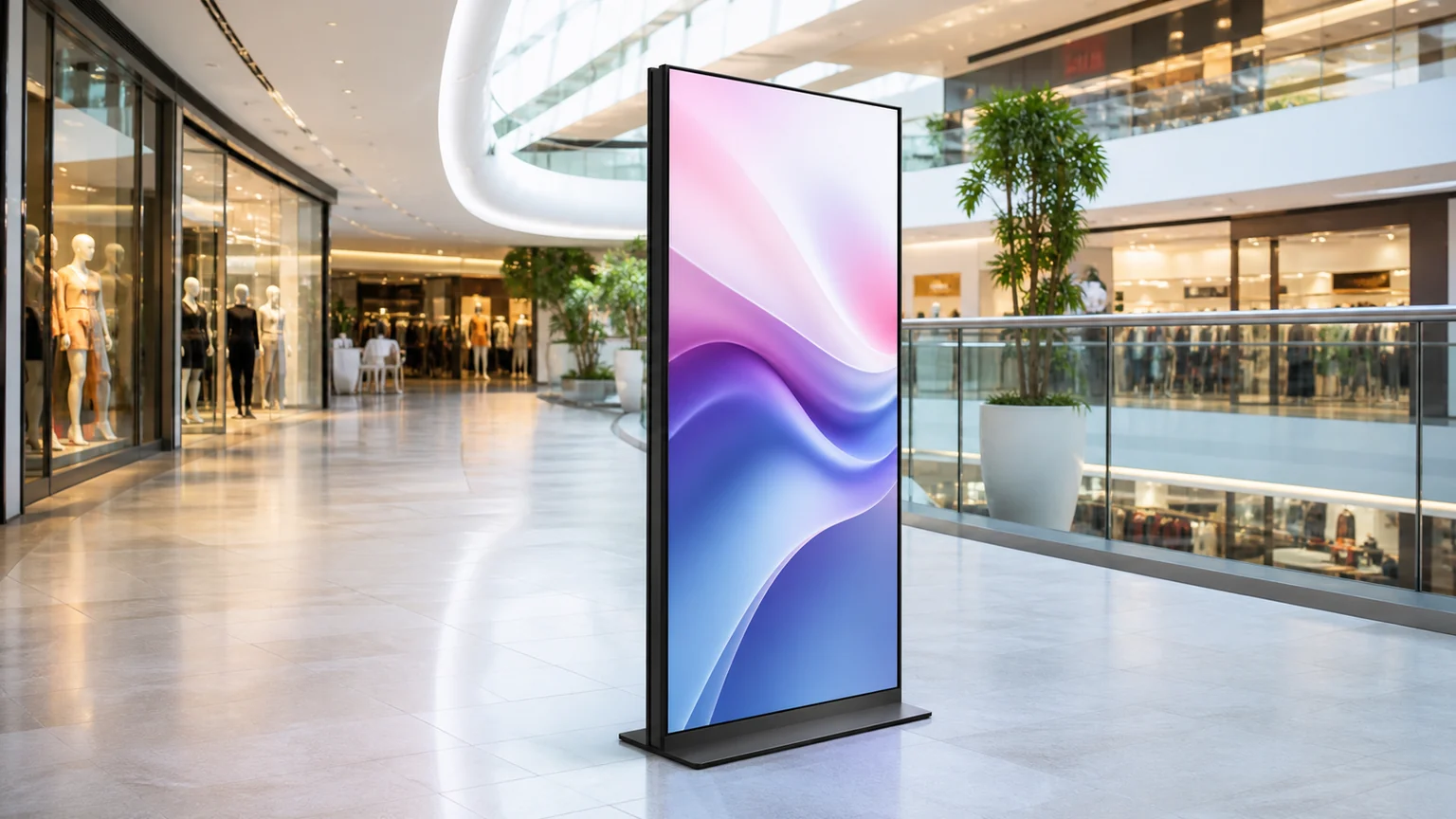 Superslim Freestanding Double-Sided Digital Posters digital signage display in a commercial setting