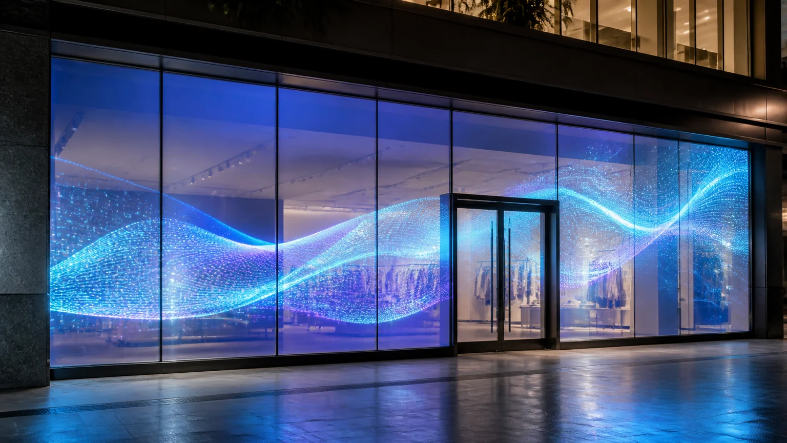 Transparent LED Soft-Film Displays digital signage display in a commercial setting