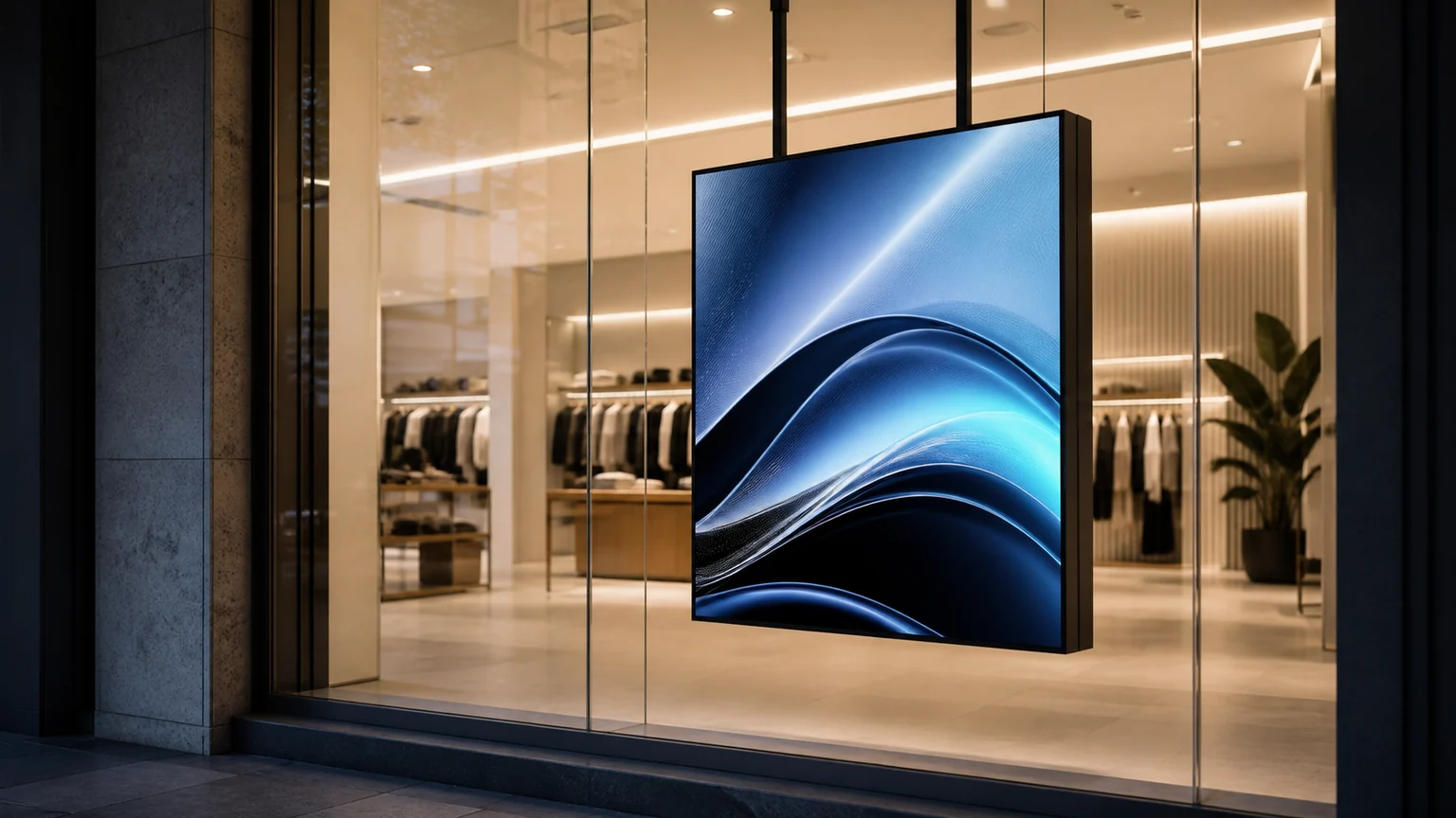 Ultra High Brightness Hanging Double-Sided Displays digital signage display in a commercial setting