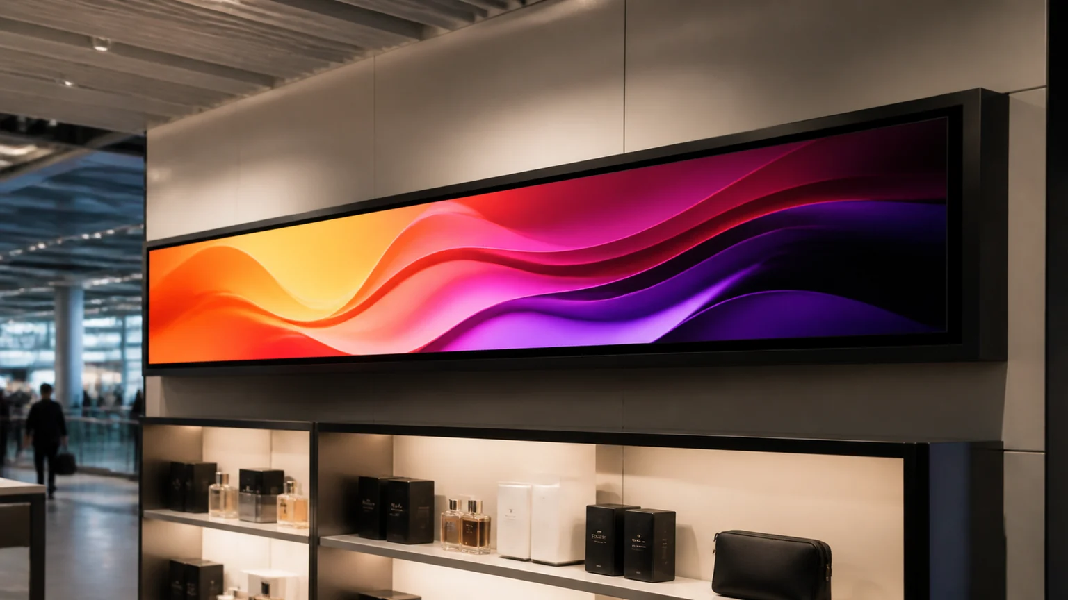 Ultra-Wide Stretched Bar Displays digital signage display in a commercial setting
